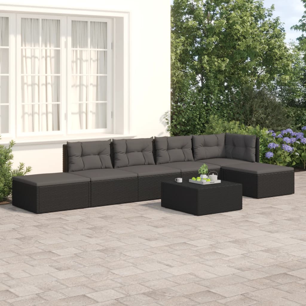 6-delige Loungeset met kussens poly rattan zwart