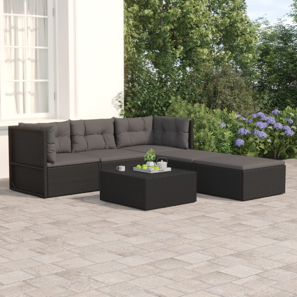 6-delige Loungeset met kussens poly rattan zwart