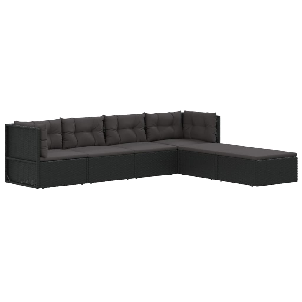 6-delige Loungeset met kussens poly rattan zwart