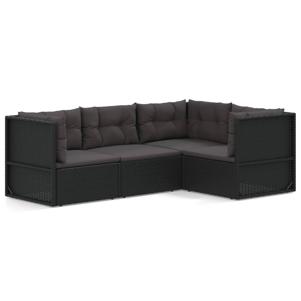 5-delige Loungeset met kussens poly rattan zwart