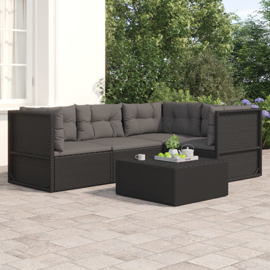 5-delige Loungeset met kussens poly rattan zwart