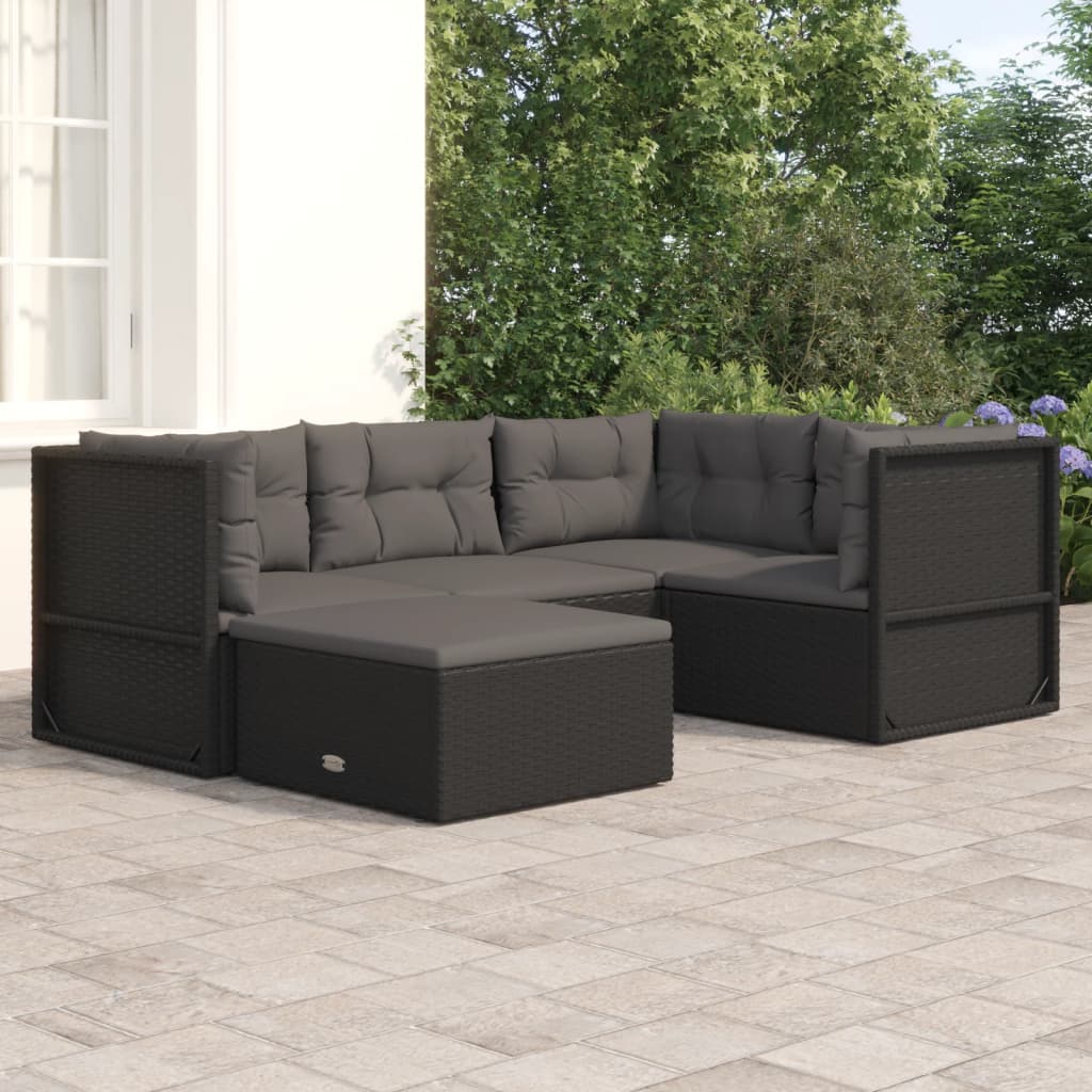 5-delige Loungeset met kussens poly rattan zwart