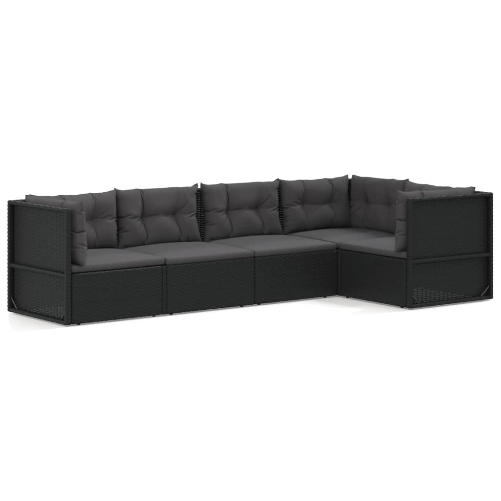 5-delige Loungeset met kussens poly rattan zwart