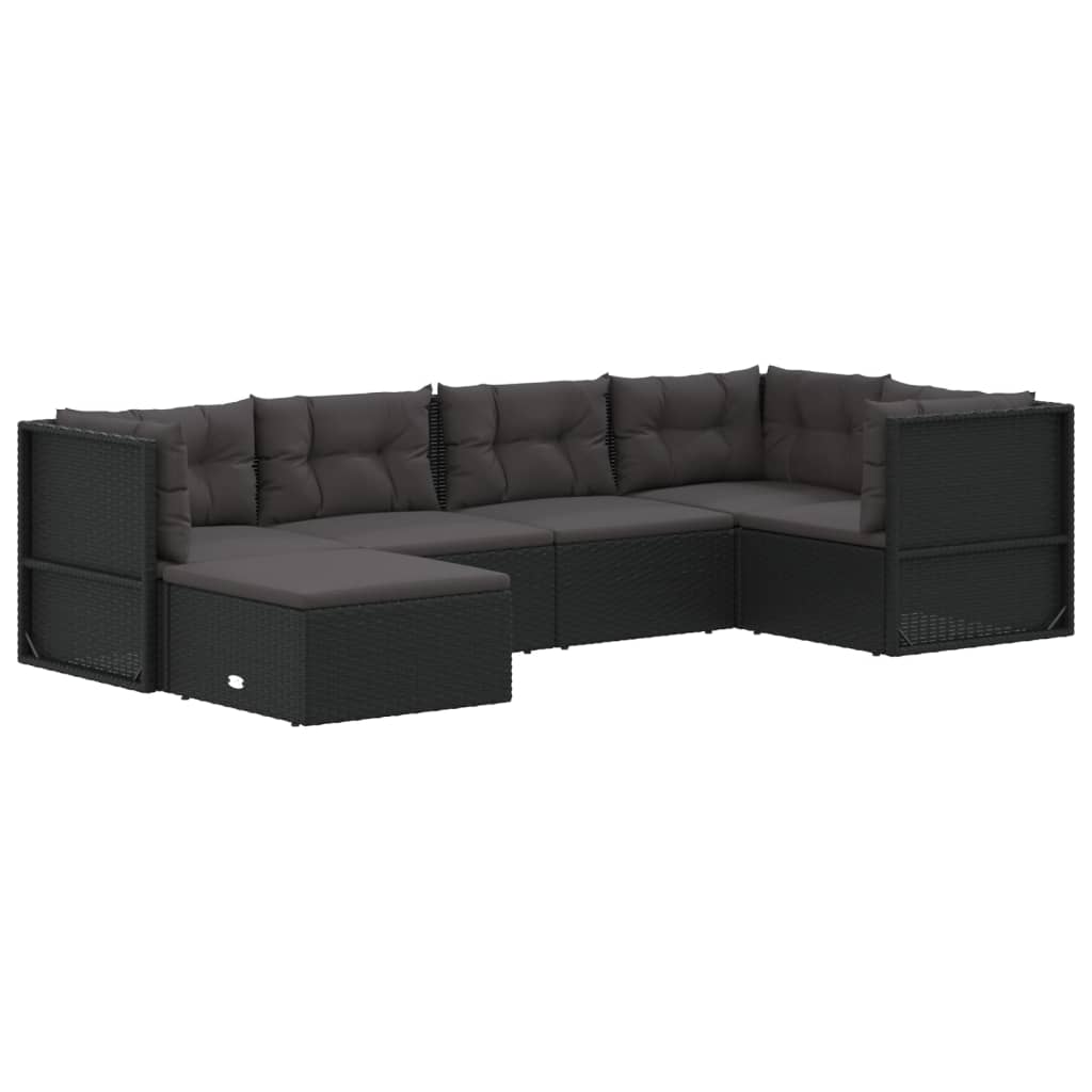 5-delige Loungeset met kussens poly rattan zwart