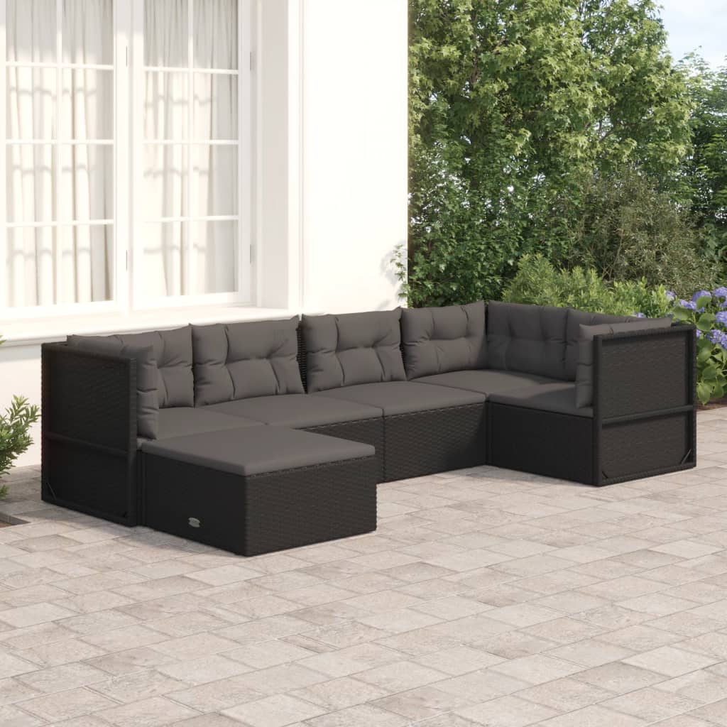 5-delige Loungeset met kussens poly rattan zwart