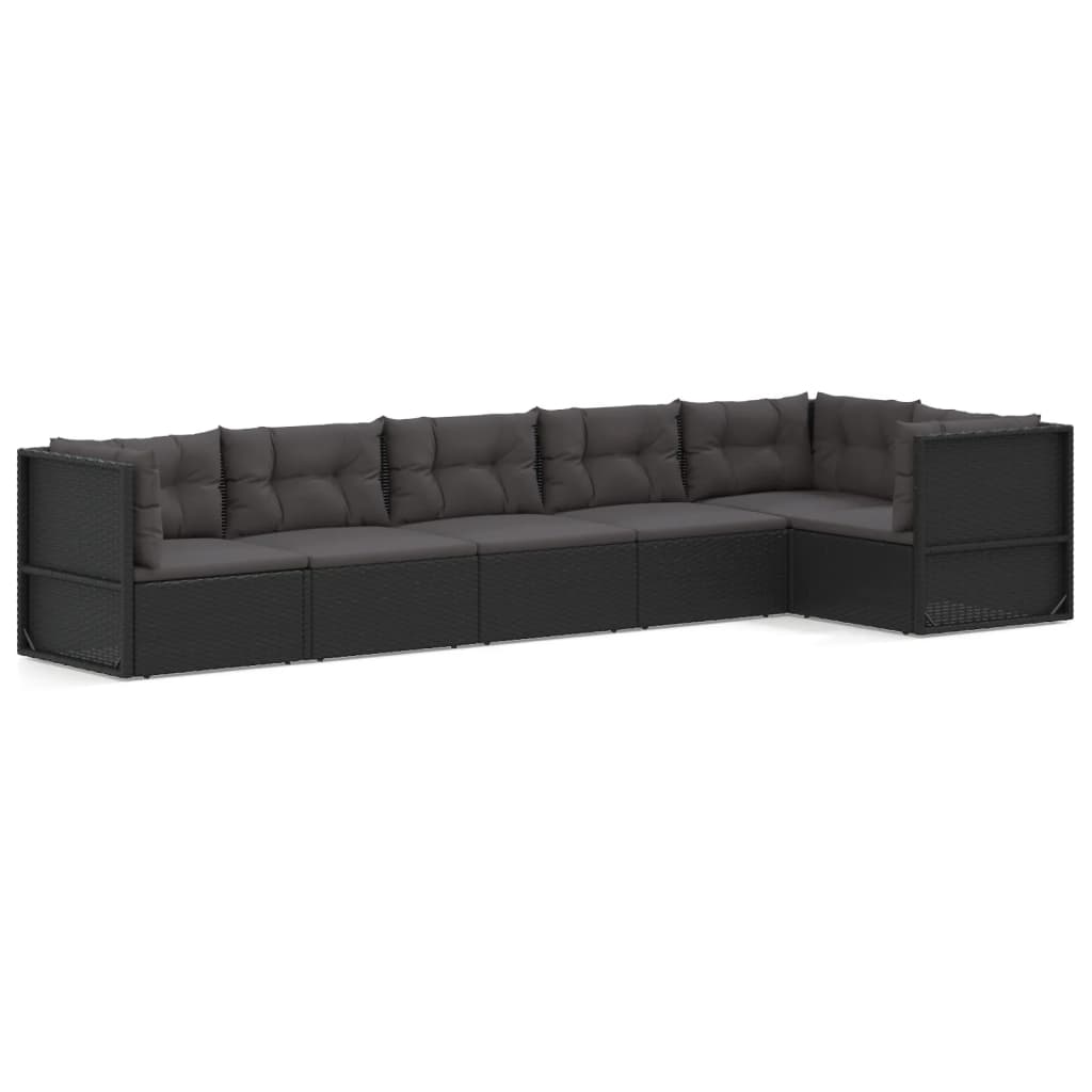 5-delige Loungeset met kussens poly rattan zwart