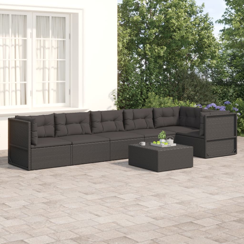 5-delige Loungeset met kussens poly rattan zwart