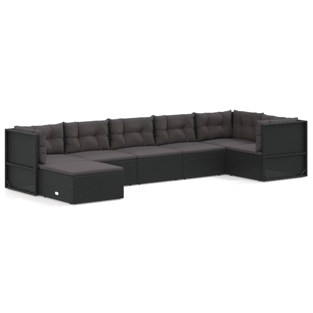 5-delige Loungeset met kussens poly rattan zwart