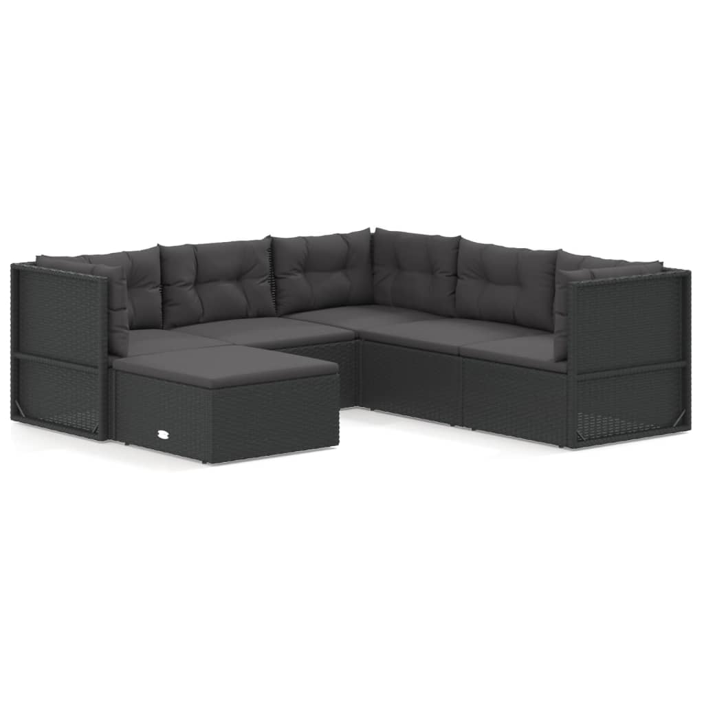 7-delige Loungeset met kussens poly rattan zwart