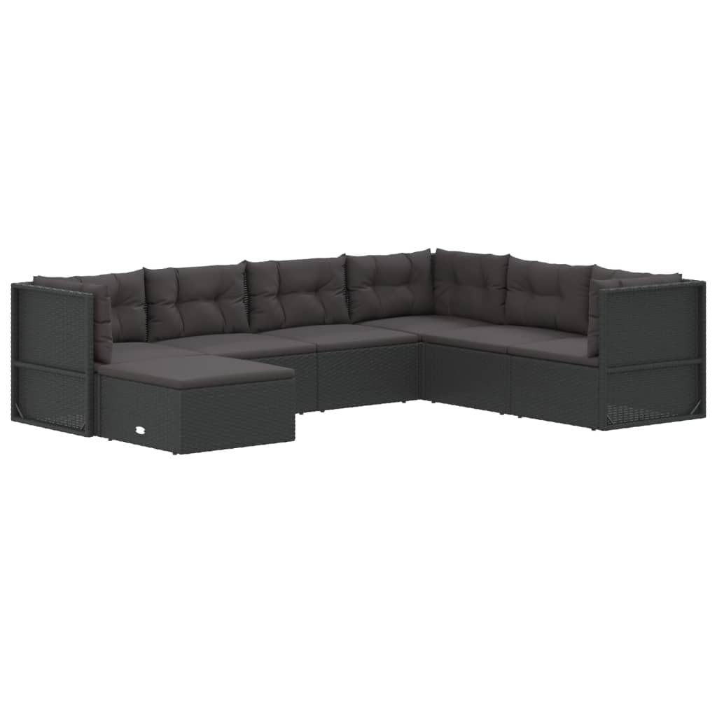 7-delige Loungeset met kussens poly rattan zwart