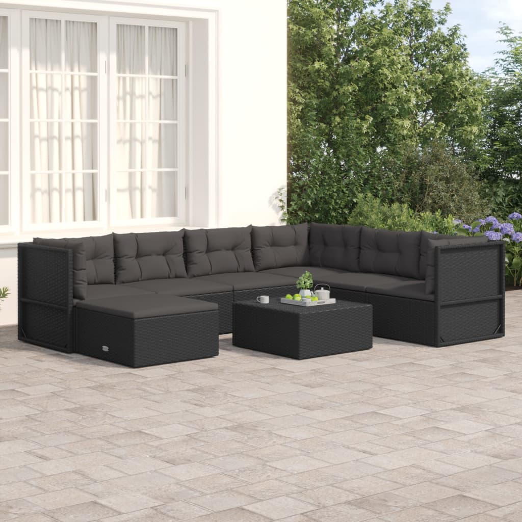 7-delige Loungeset met kussens poly rattan zwart