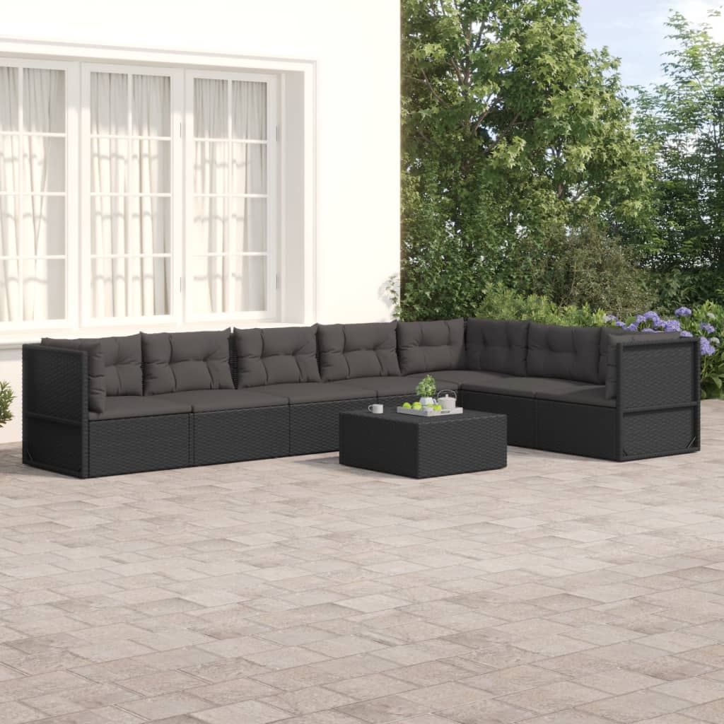 7-delige Loungeset met kussens poly rattan zwart