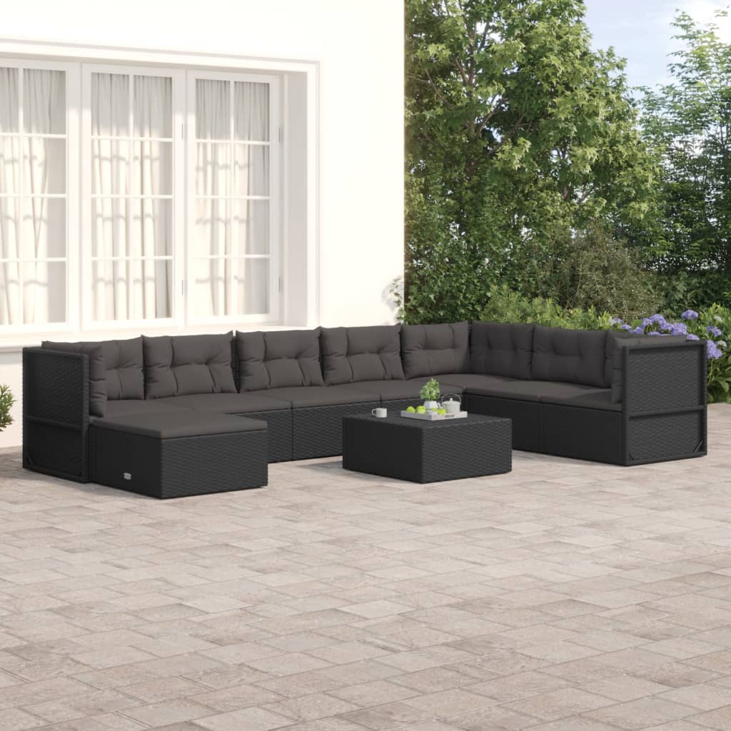 7-delige Loungeset met kussens poly rattan zwart