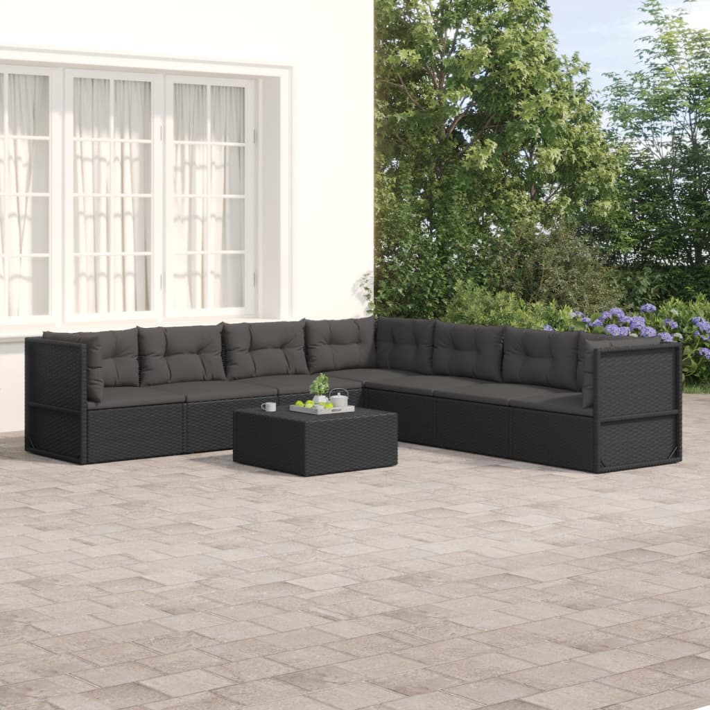 9-delige Loungeset met kussens poly rattan zwart