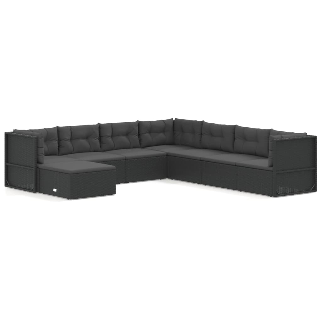 8-delige Loungeset met kussens poly rattan zwart