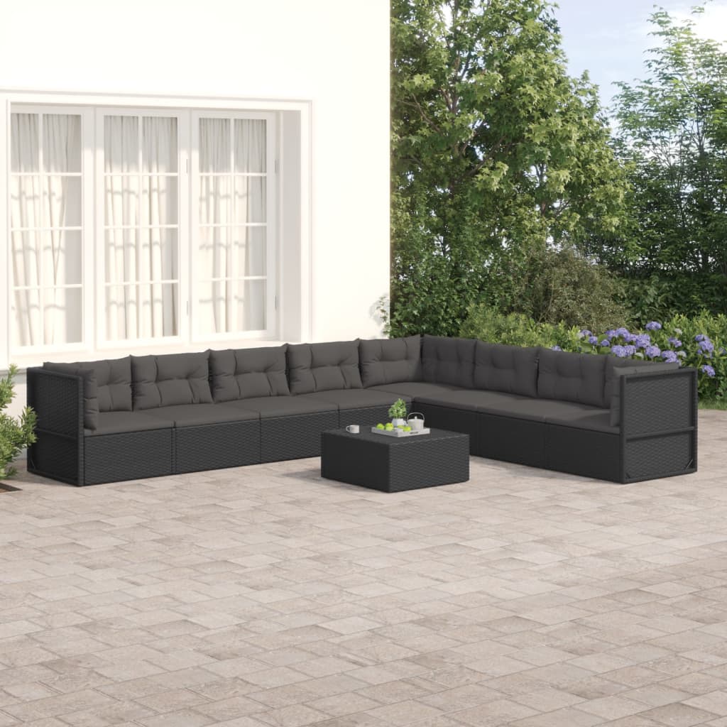 8-delige Loungeset met kussens poly rattan zwart