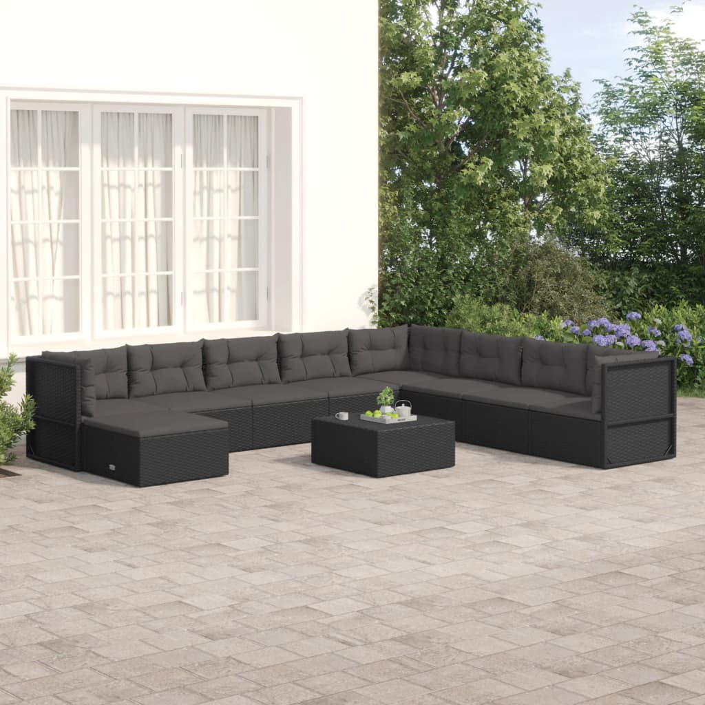 8-delige Loungeset met kussens poly rattan zwart