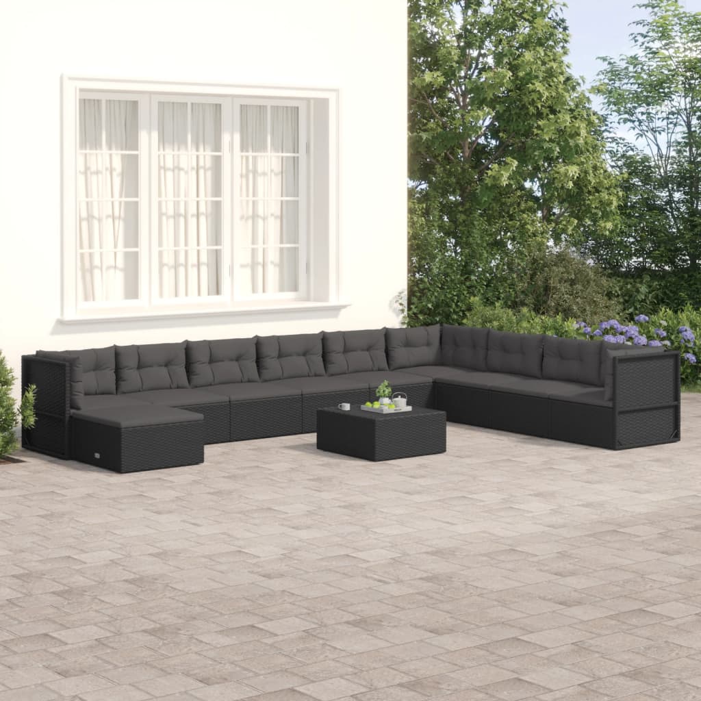 8-delige Loungeset met kussens poly rattan zwart