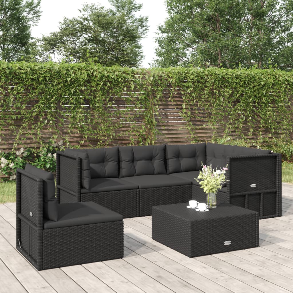 6-delige Loungeset met kussens poly rattan zwart