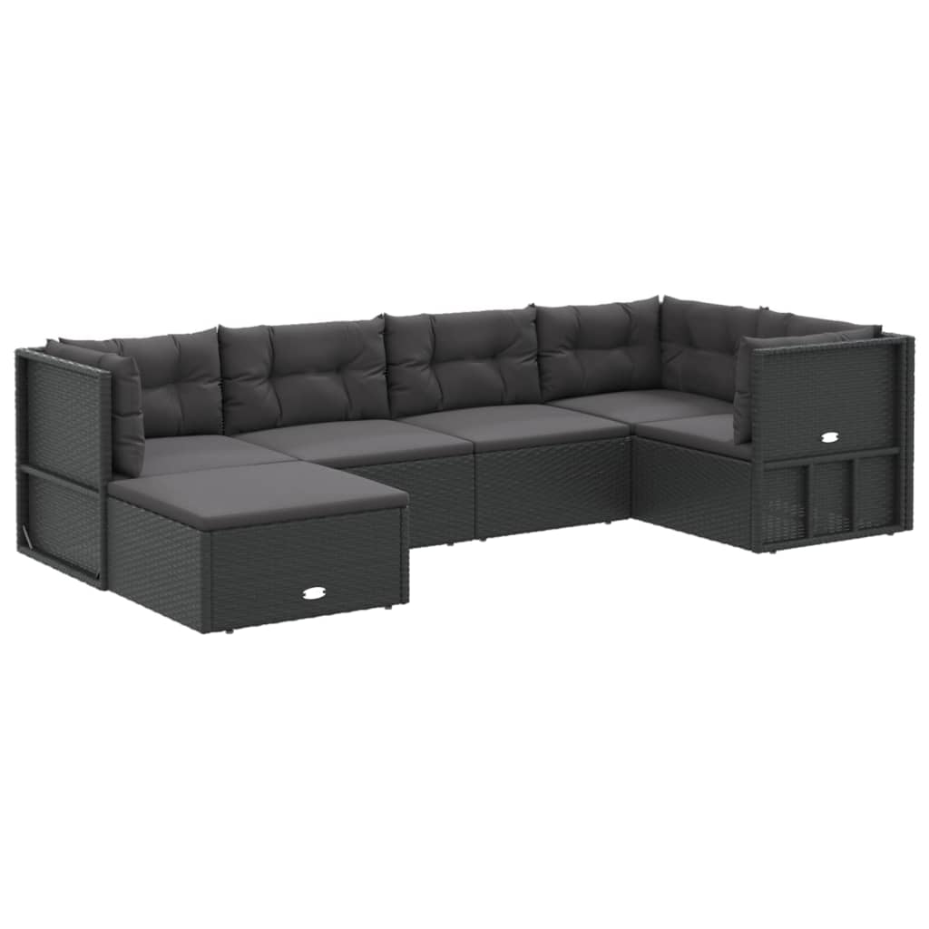 6-delige Loungeset met kussens poly rattan zwart