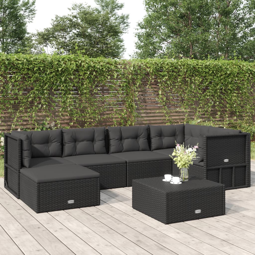 6-delige Loungeset met kussens poly rattan zwart