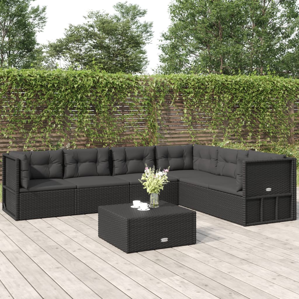 6-delige Loungeset met kussens poly rattan zwart