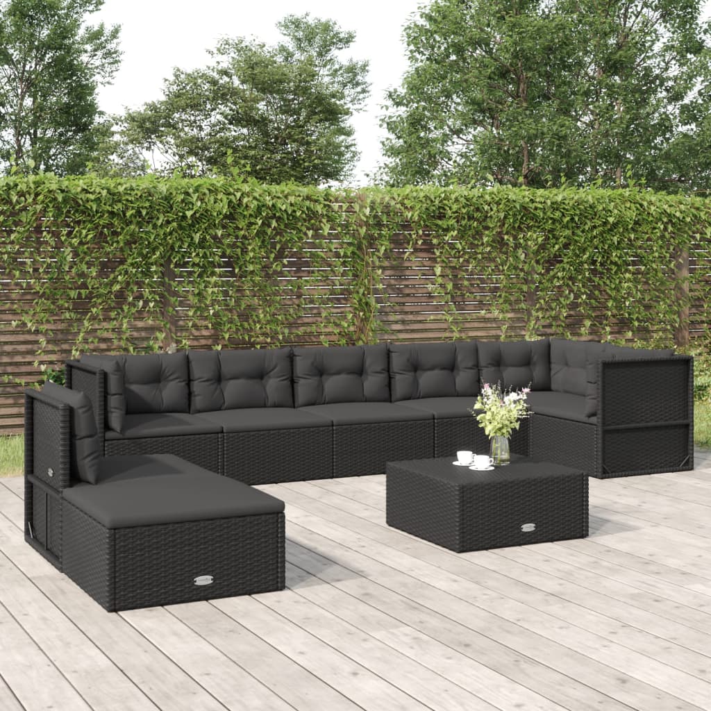 6-delige Loungeset met kussens poly rattan zwart