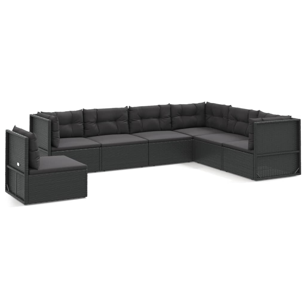 8-delige Loungeset met kussens poly rattan zwart