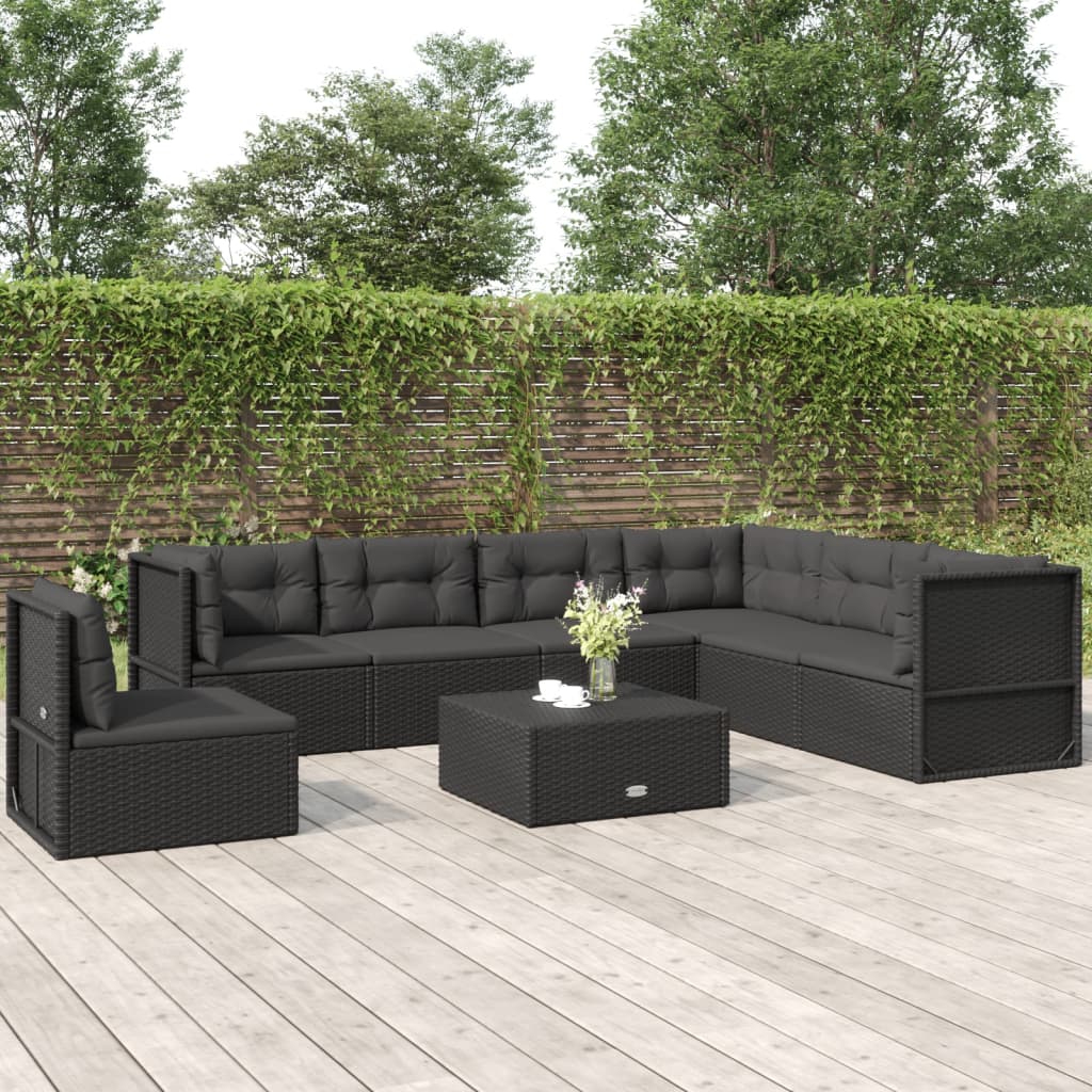 8-delige Loungeset met kussens poly rattan zwart