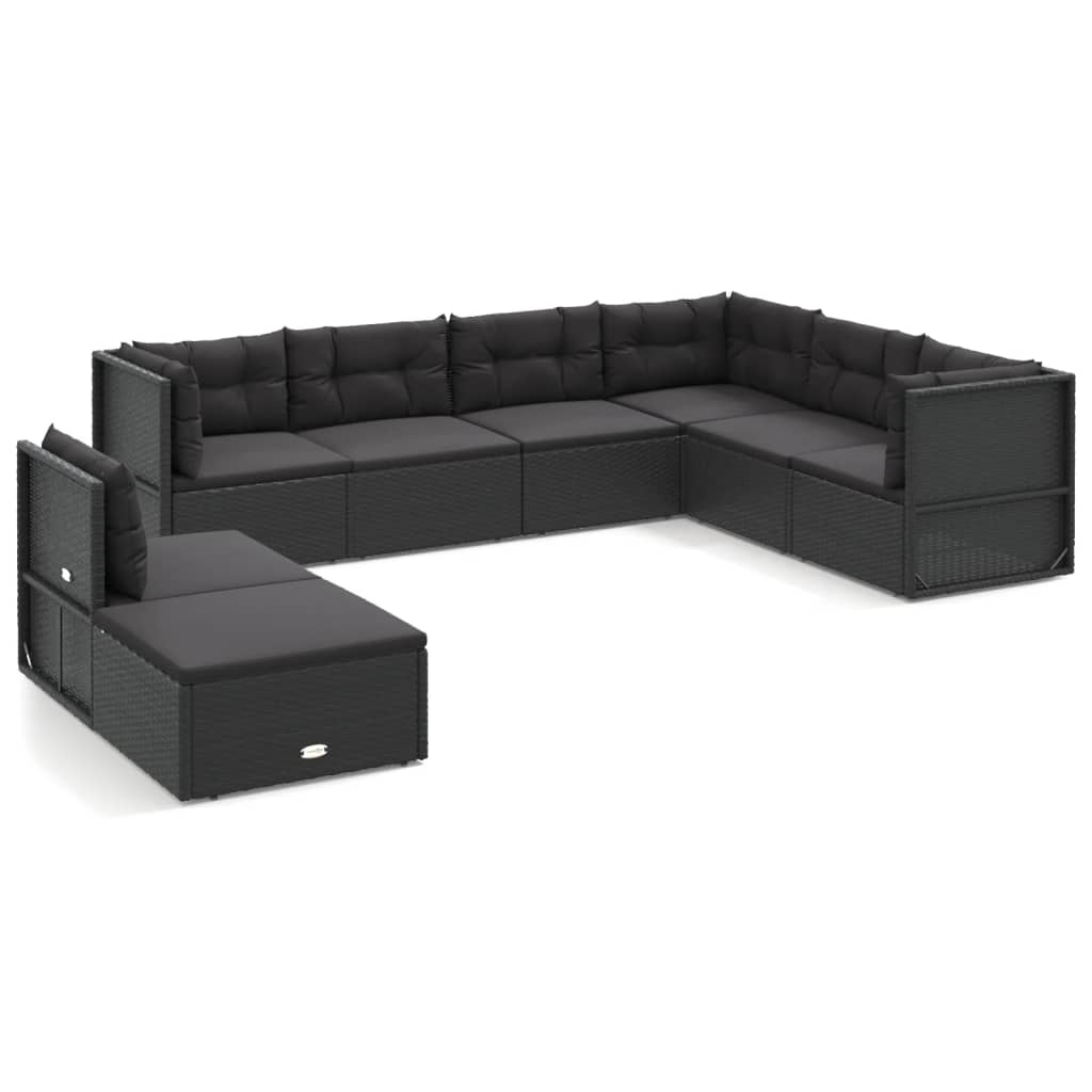 8-delige Loungeset met kussens poly rattan zwart