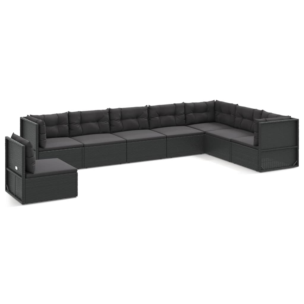 8-delige Loungeset met kussens poly rattan zwart