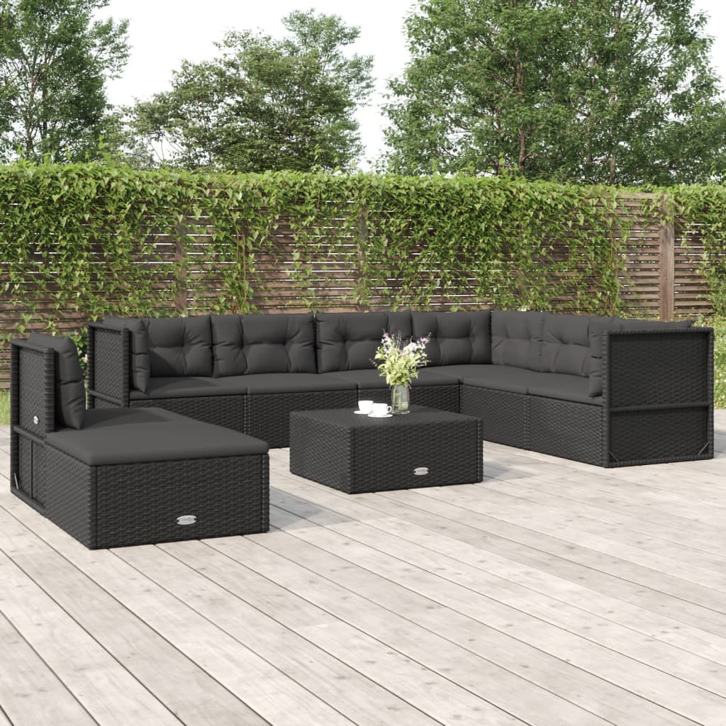 8-delige Loungeset met kussens poly rattan zwart