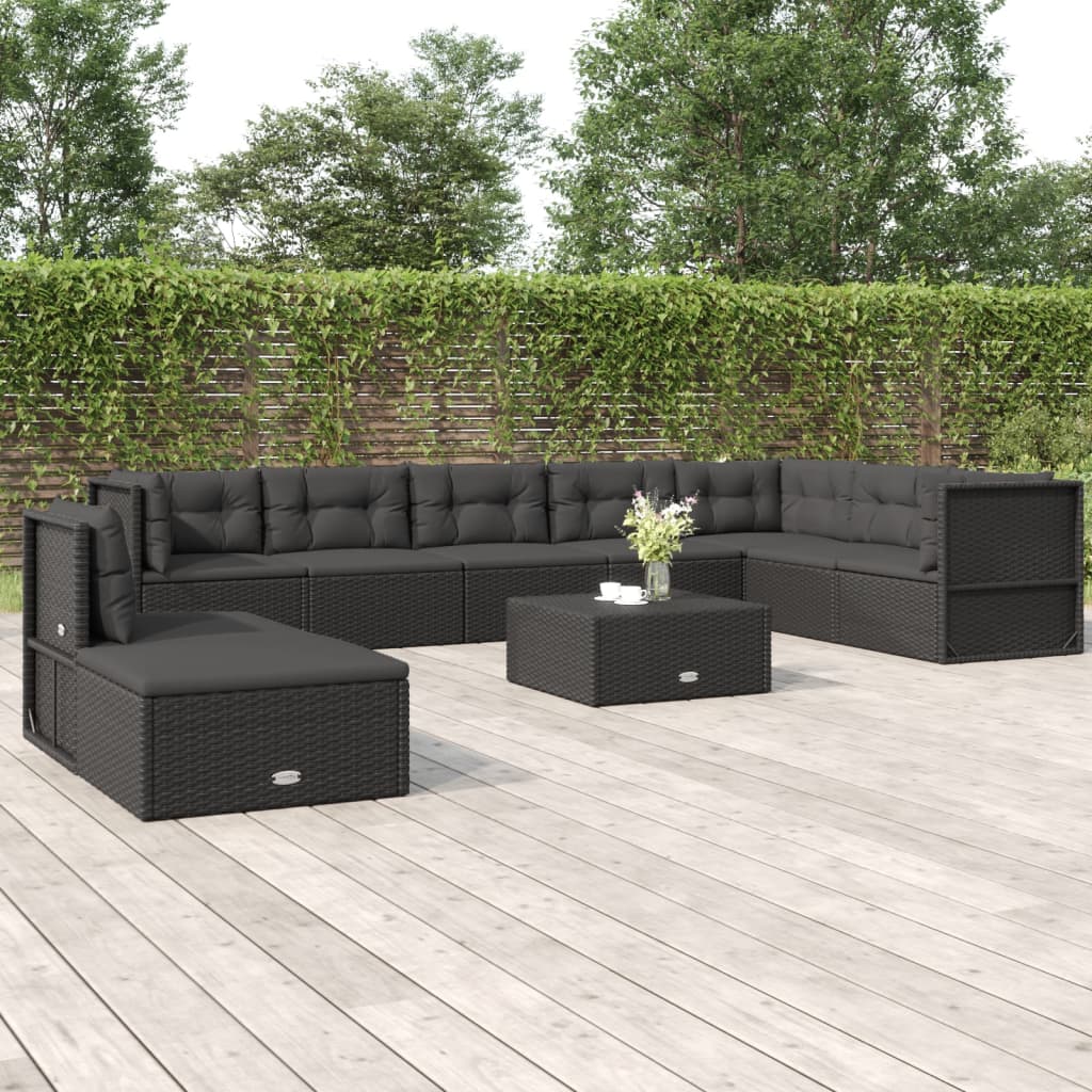 8-delige Loungeset met kussens poly rattan zwart