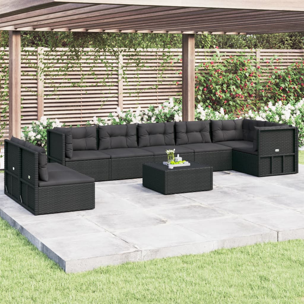 9-delige Loungeset met kussens poly rattan zwart