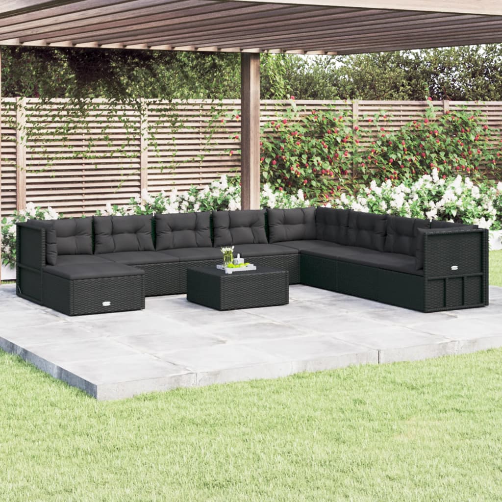 8-delige Loungeset met kussens poly rattan zwart