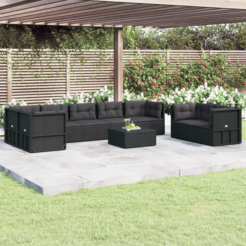 8-delige Loungeset met kussens poly rattan zwart