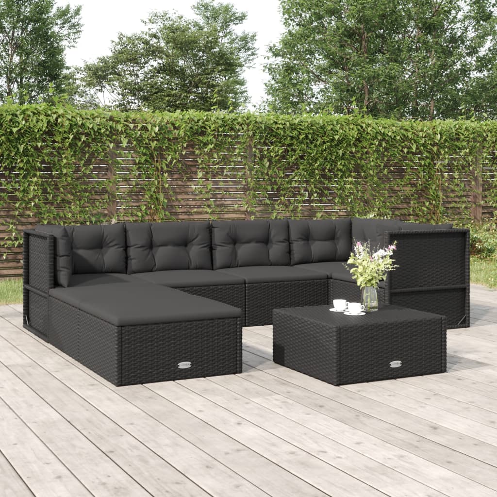 7-delige Loungeset met kussens poly rattan zwart