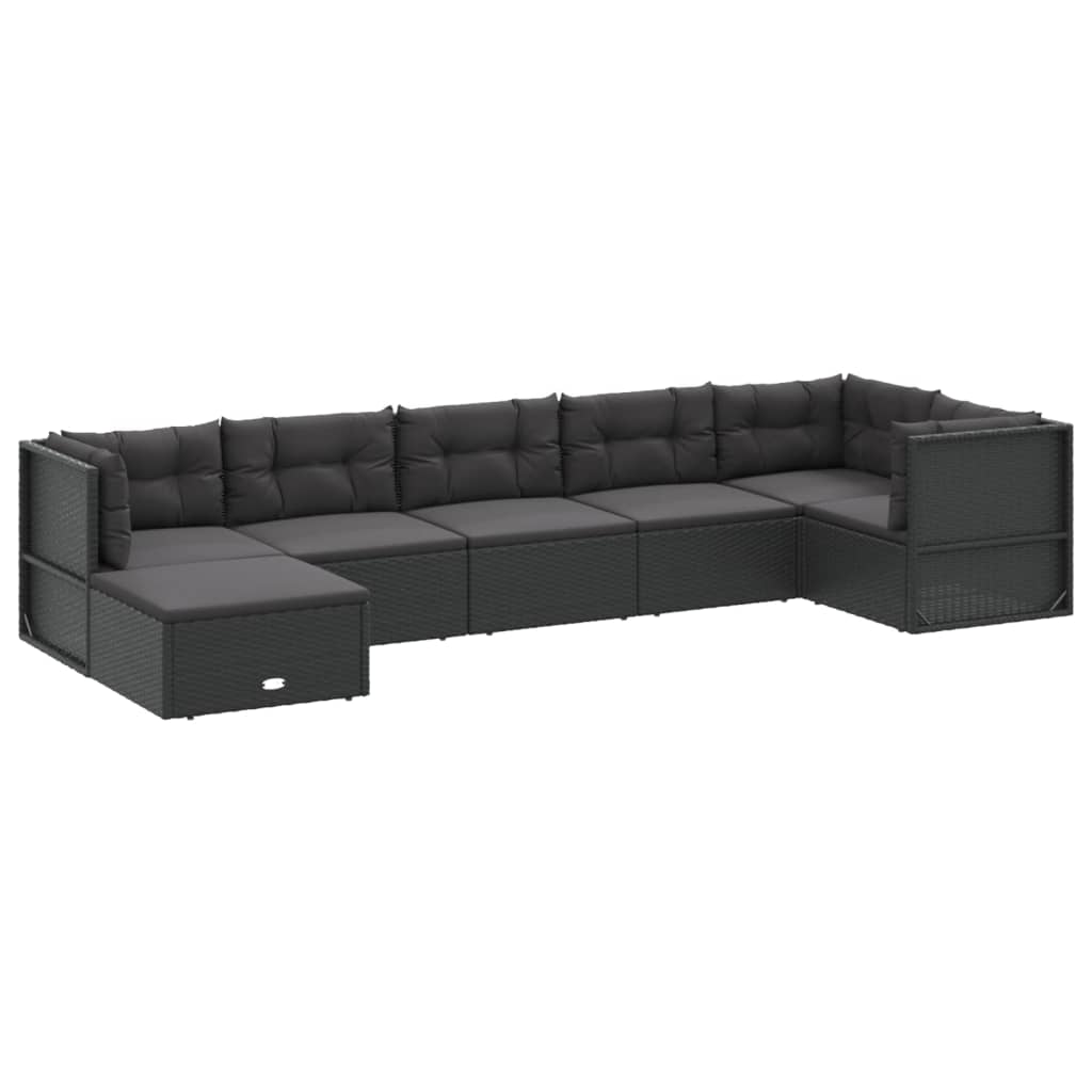 7-delige Loungeset met kussens poly rattan zwart