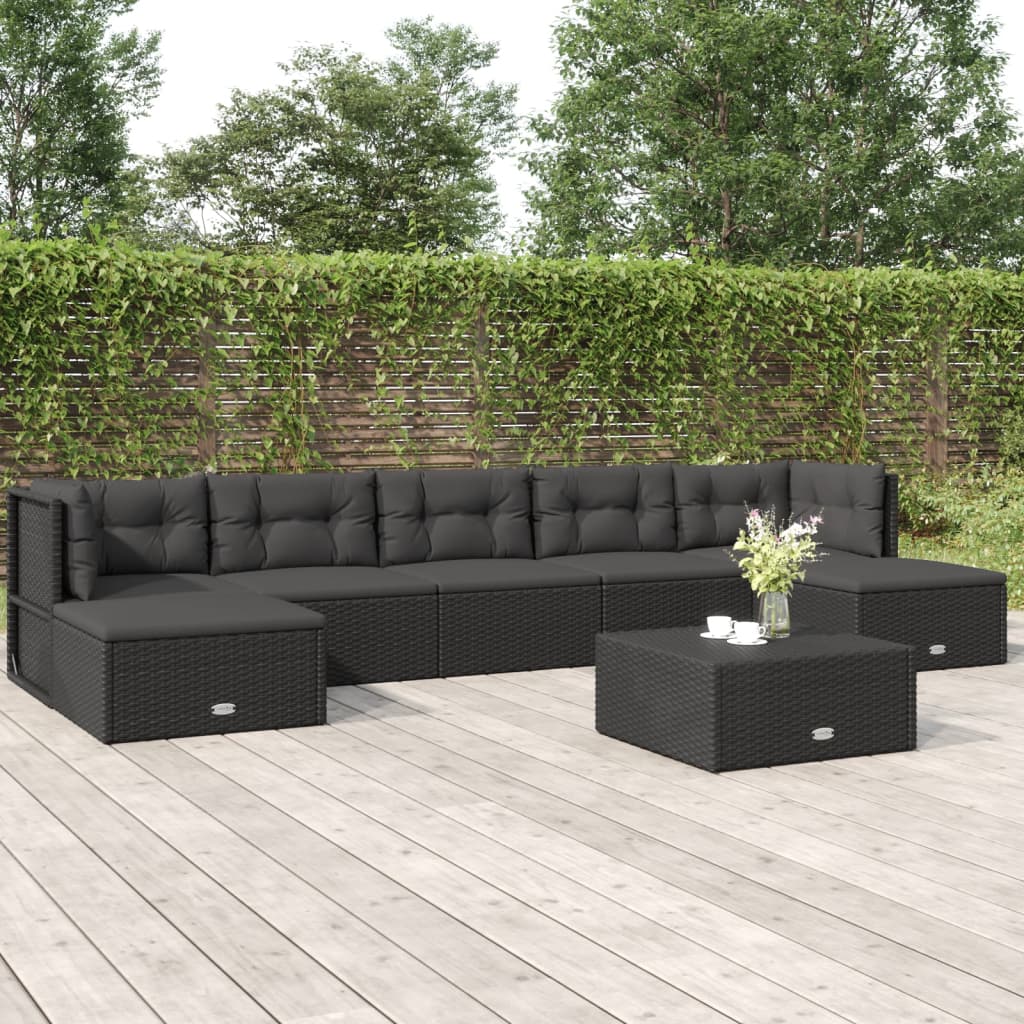 8-delige Loungeset met kussens poly rattan zwart