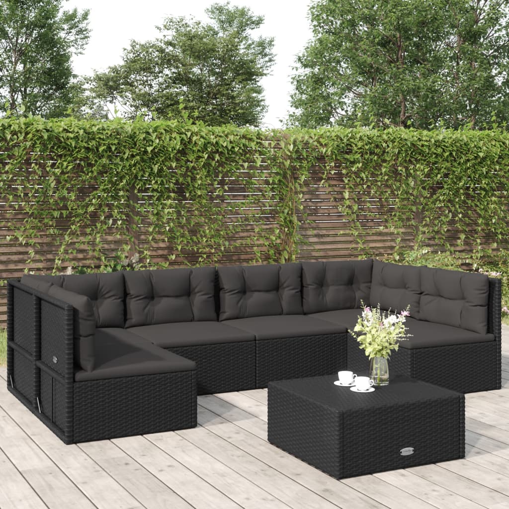 6-delige Loungeset met kussens poly rattan zwart