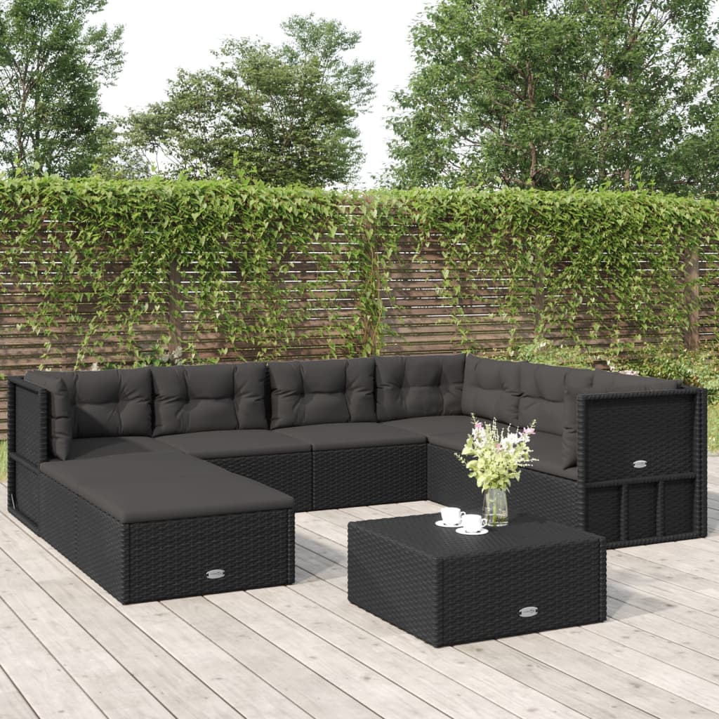 8-delige Loungeset met kussens poly rattan zwart