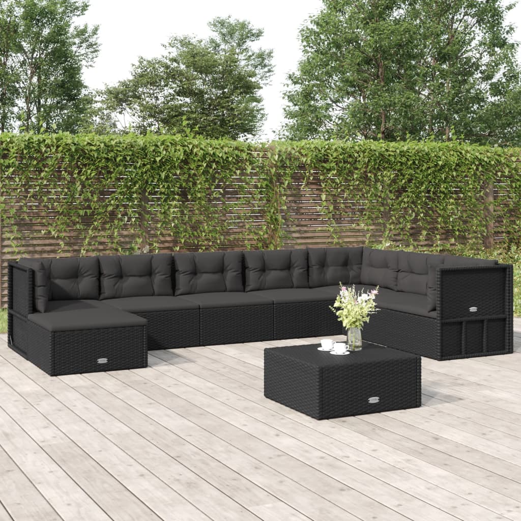 8-delige Loungeset met kussens poly rattan zwart