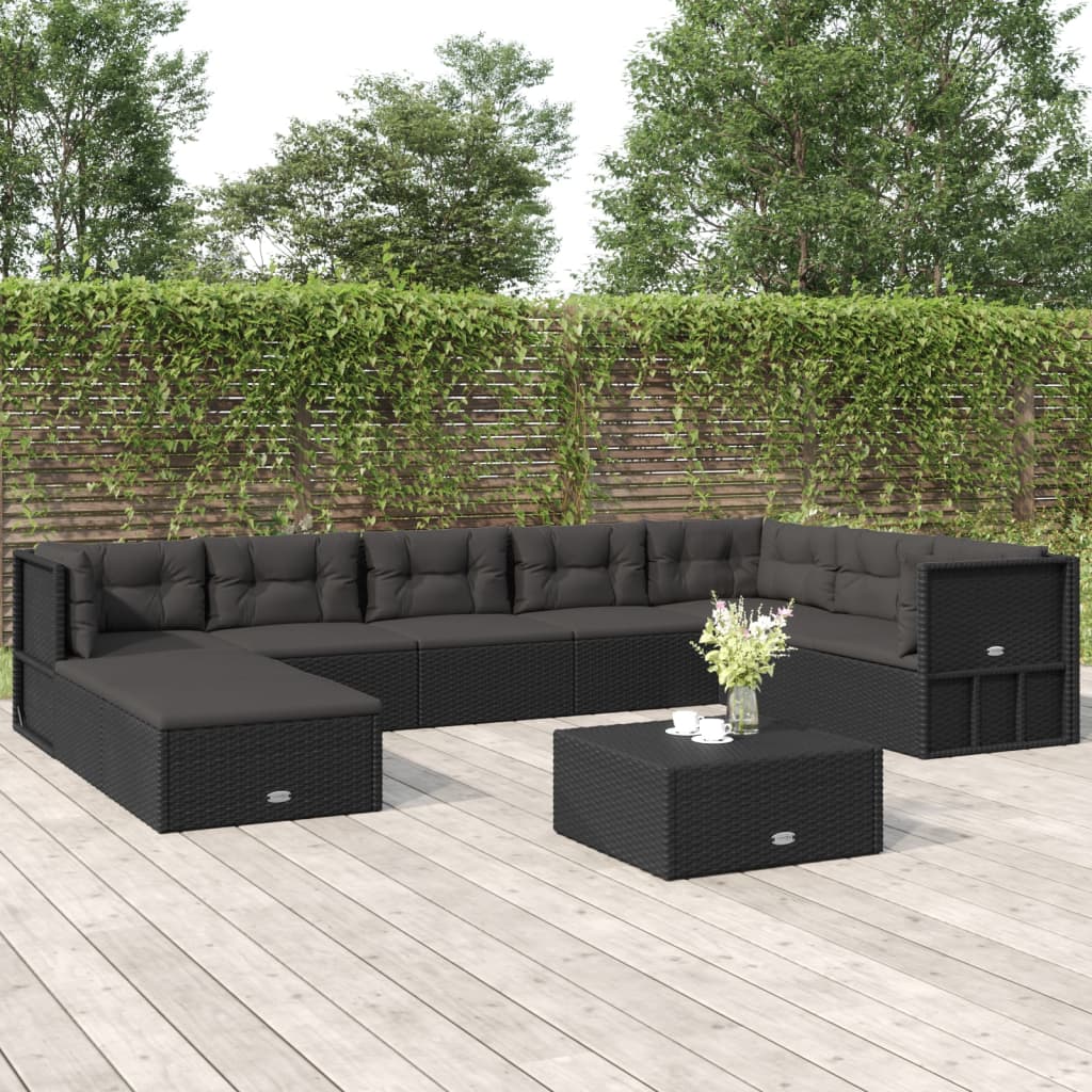 8-delige Loungeset met kussens poly rattan zwart