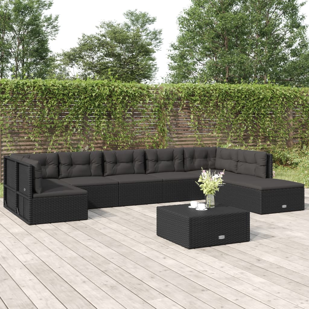 8-delige Loungeset met kussens poly rattan zwart