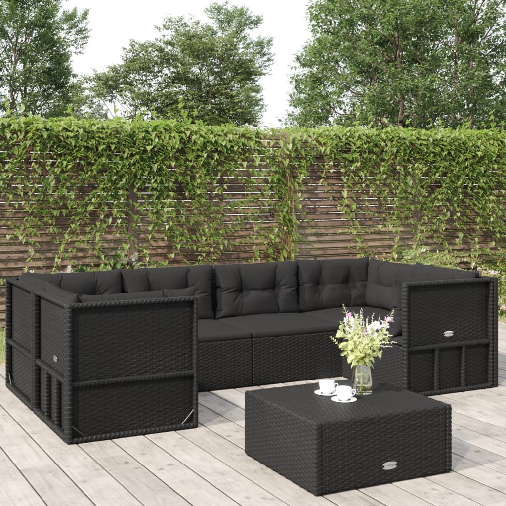 7-delige Loungeset met kussens poly rattan zwart