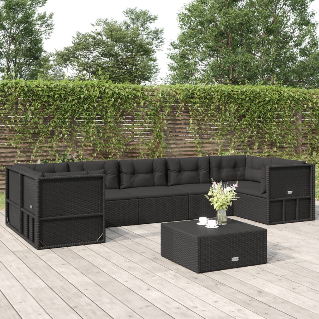 7-delige Loungeset met kussens poly rattan zwart