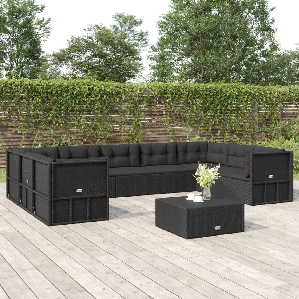 9-delige Loungeset met kussens poly rattan zwart