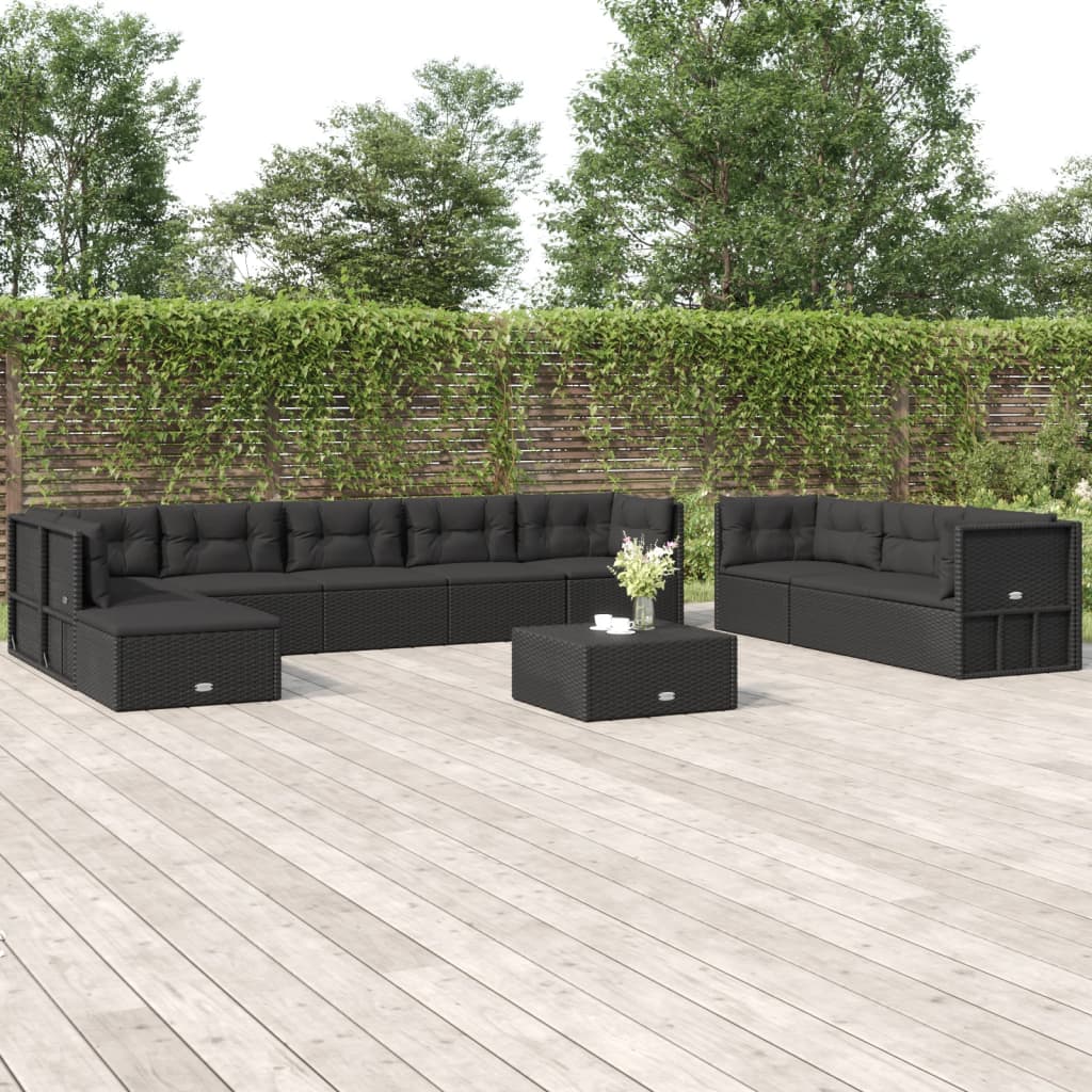 9-delige Loungeset met kussens poly rattan zwart