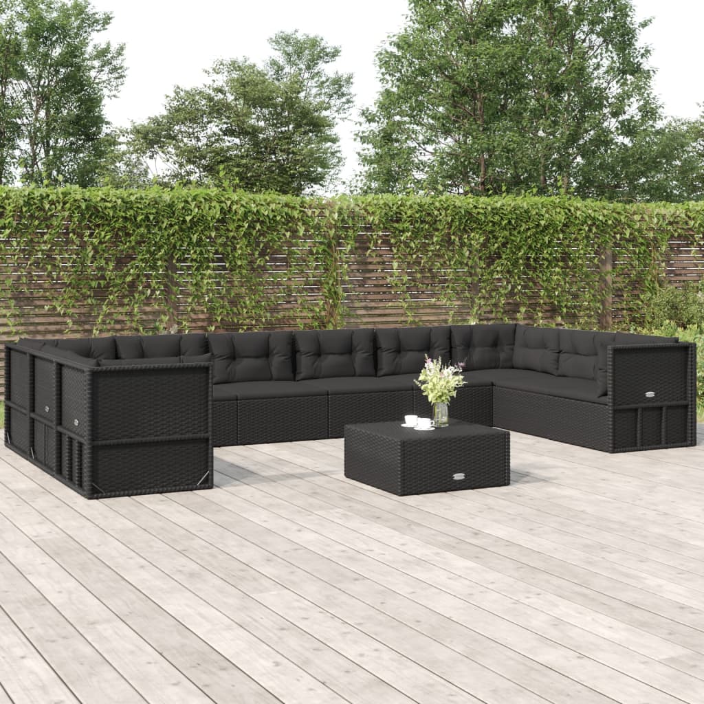 9-delige Loungeset met kussens poly rattan zwart