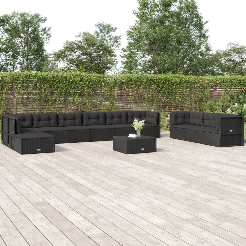 9-delige Loungeset met kussens poly rattan zwart